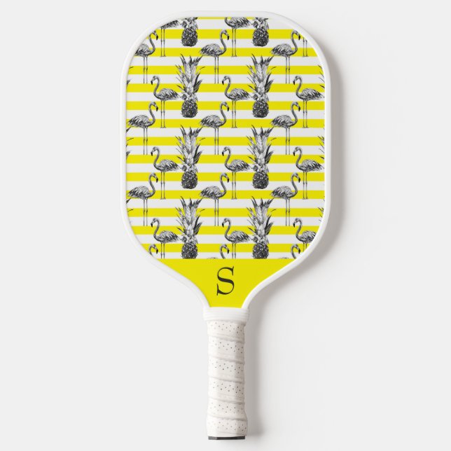 Neon Yellow Tropical Pineapples Flamingos Custom Pickleball Paddle (Front)