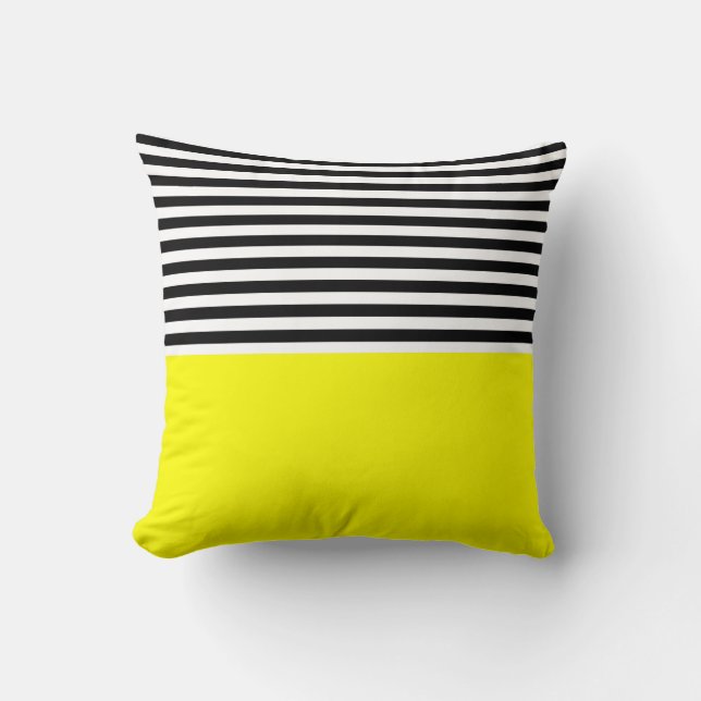 Neon Yellow With Black and White Stripes Throw Pillow (Front)