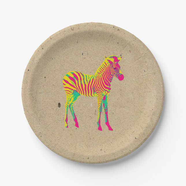 Neon Zebra Baby Animal Psychedelic Funky Retro Paper Plates (Front)