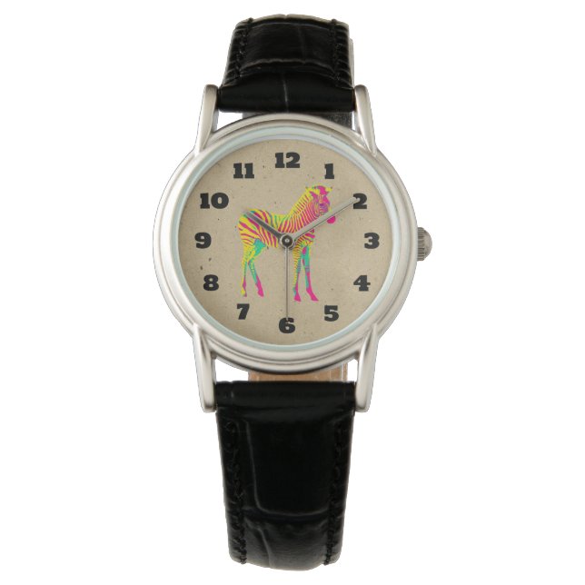 Neon Zebra Baby Animal Psychedelic Funky Retro Watch (Front)
