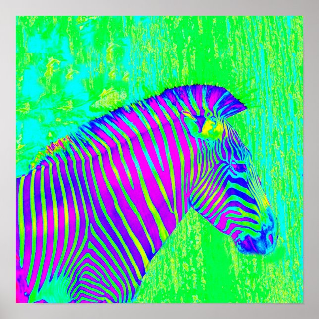 neon zebra - green,blue and purple retro poster (Front)
