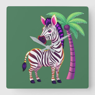 Neon Zebra Paradise Square Wall Clock
