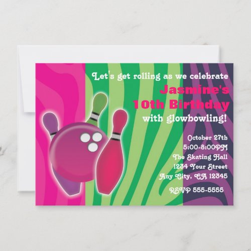 Neon Zebra Print Bowling Glow Bowl Party Invite