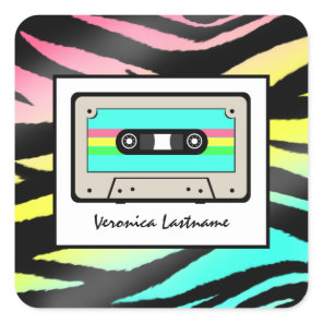 Neon Zebra Print & Cassette Tape Personalized Square Sticker