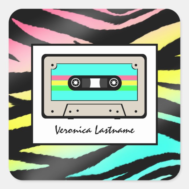 Neon Zebra Print & Cassette Tape Personalized Square Sticker (Front)