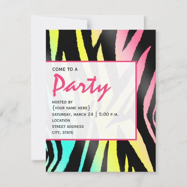 Neon Zebra Print Party Invitation (Front)