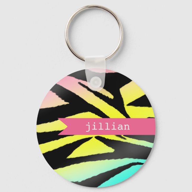 Neon Zebra Print Personalized Keychain (Front)