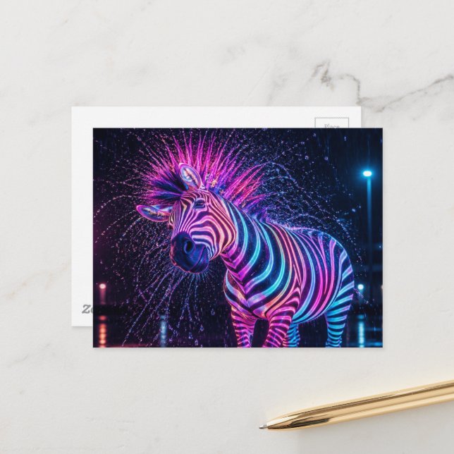 Neon Zebra Shakes Off The Rain Postcard (Front/Back In Situ)