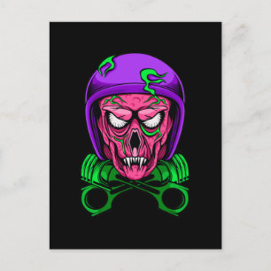 Neon Zombie Biker Skull Cross Pistons Postcard