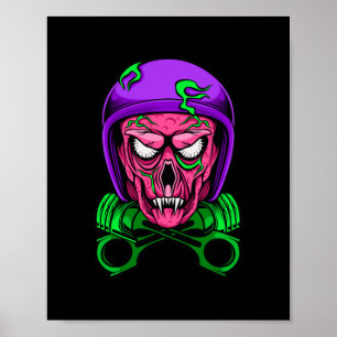 Neon Zombie Biker Skull Cross Pistons Poster