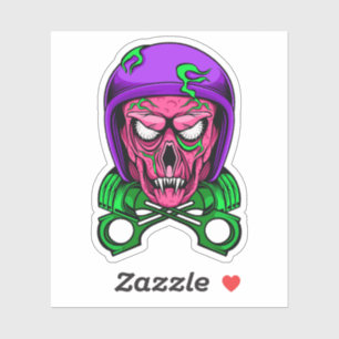 Neon Zombie Biker Skull Cross Pistons Sticker