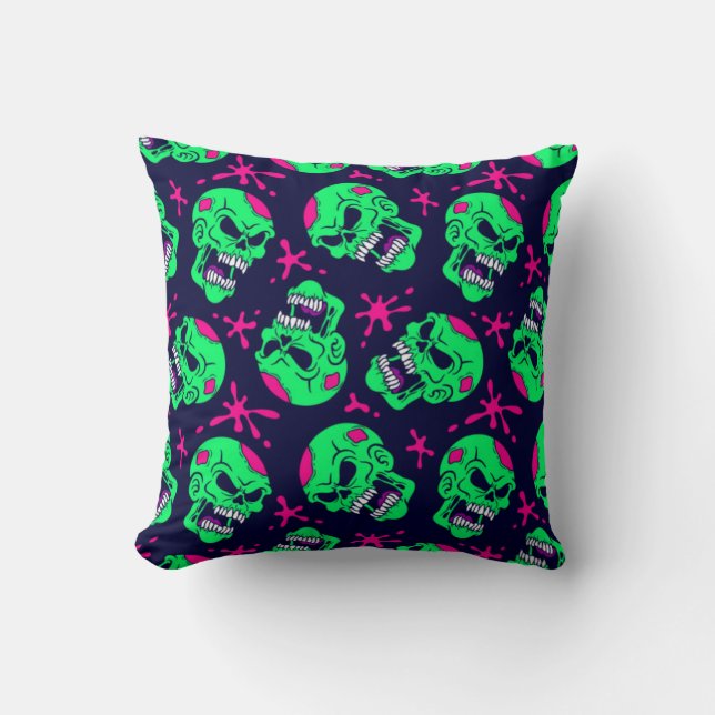Neon Zombie Skulls Pattern Throw Pillow (Front)