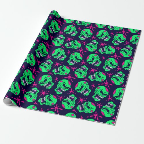 Neon Zombie Skulls Pattern Wrapping Paper