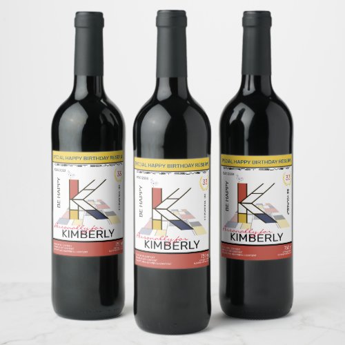 Neoplasticism Abstract Art Monogram Letter K Wine Label