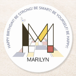 Neoplasticism Art Cool Monogram. Letter M Round Paper Coaster