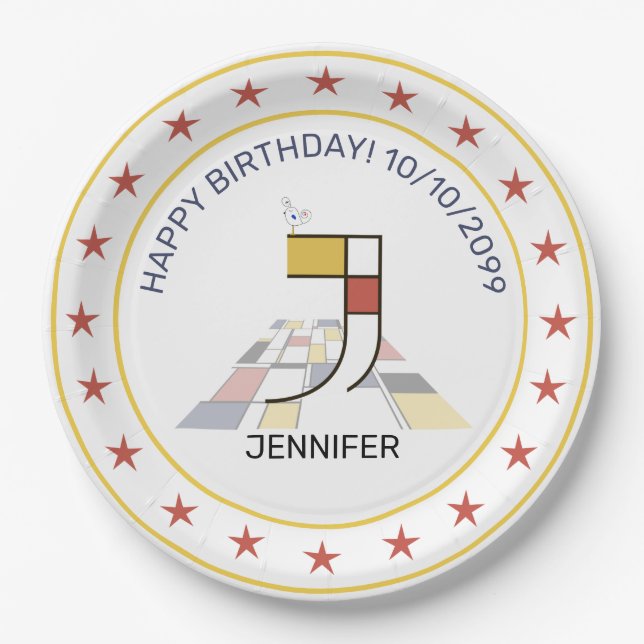 Neoplasticism Art Elegant Monogram. Letter J Paper Plates (Front)