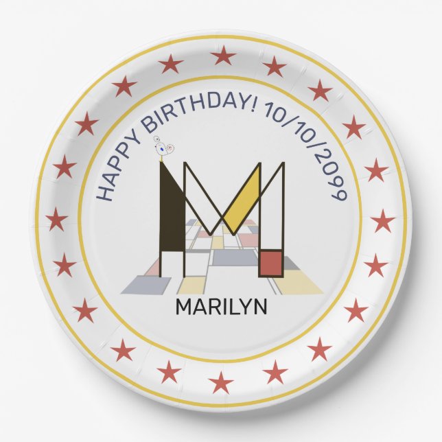 Neoplasticism Art Elegant Monogram. Letter M Paper Plates (Front)