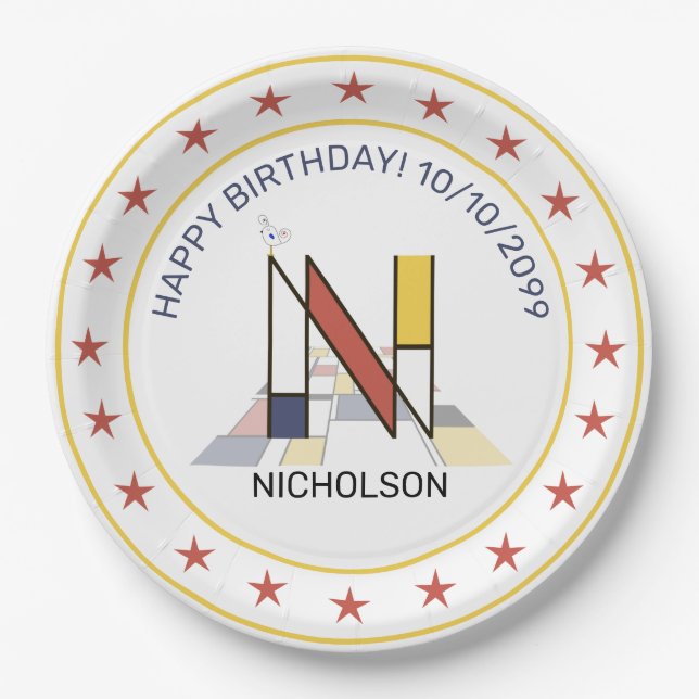 Neoplasticism Art Elegant Monogram. Letter N Paper Plates (Front)