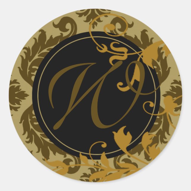 Neopolitan Damask Monogram "W" (celery/mustard) Classic Round Sticker (Front)