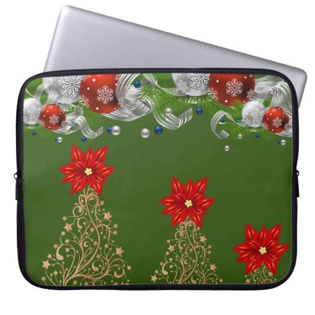 Neoprene Christmas Laptop Sleeve 15 in, Poinsettia (Front)
