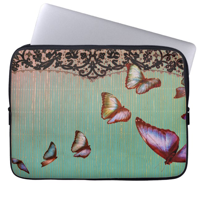 NEOPRENE LAPTOP SLEEVE STRIPES GREEN BUTTERFLIES (Front)