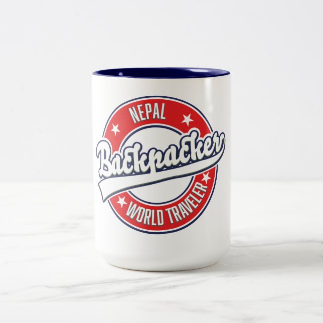 Nepal backpacker world traveler retro logo Two-Tone coffee mug (Center)