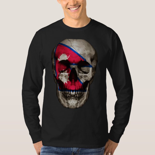 Nepal Flag Skull Nepalese Roots Proud Patriotic T-Shirt (Front)