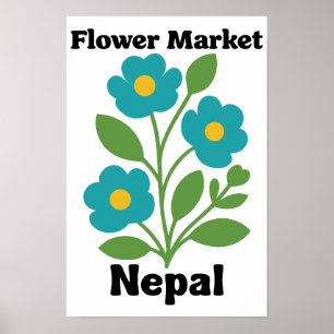 Nepal Flower Market Teal Blossom & Green Leaf Poster