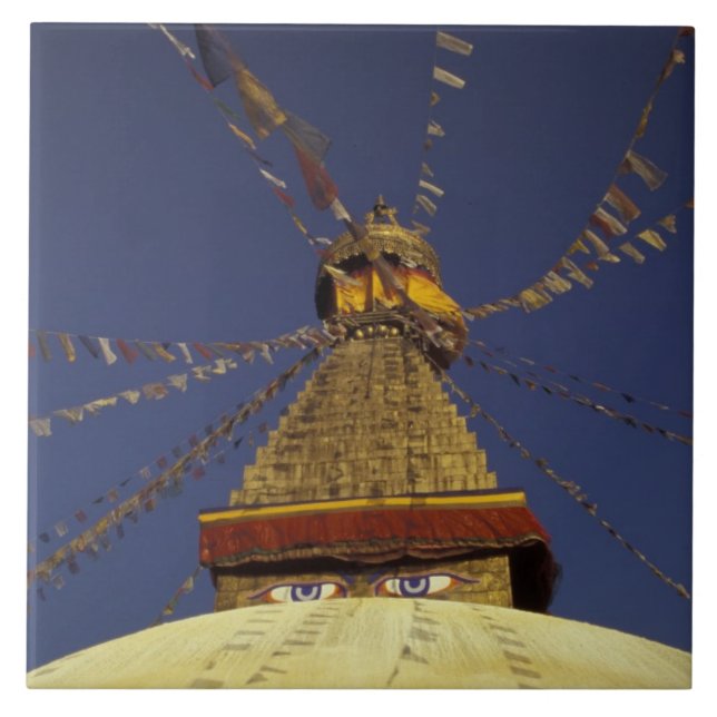 Nepal, Kathmandu. Under prayer flags, watchful Ceramic Tile (Front)