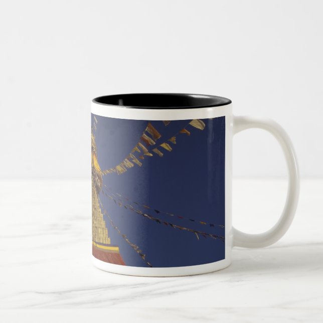 Nepal, Kathmandu. Under prayer flags, watchful Two-Tone Coffee Mug (Right)