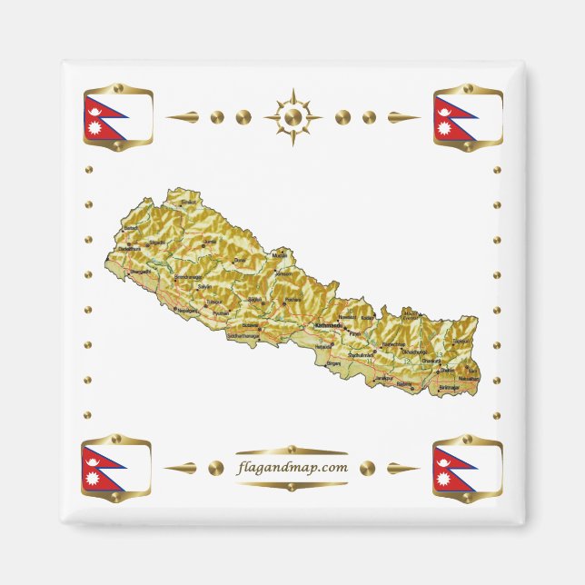 Nepal Map + Flags Magnet (Front)