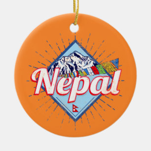 Nepal with Mountains Retro Flags Vintage Holiday Ceramic Ornament