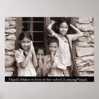 Nepali children in front of their school poster