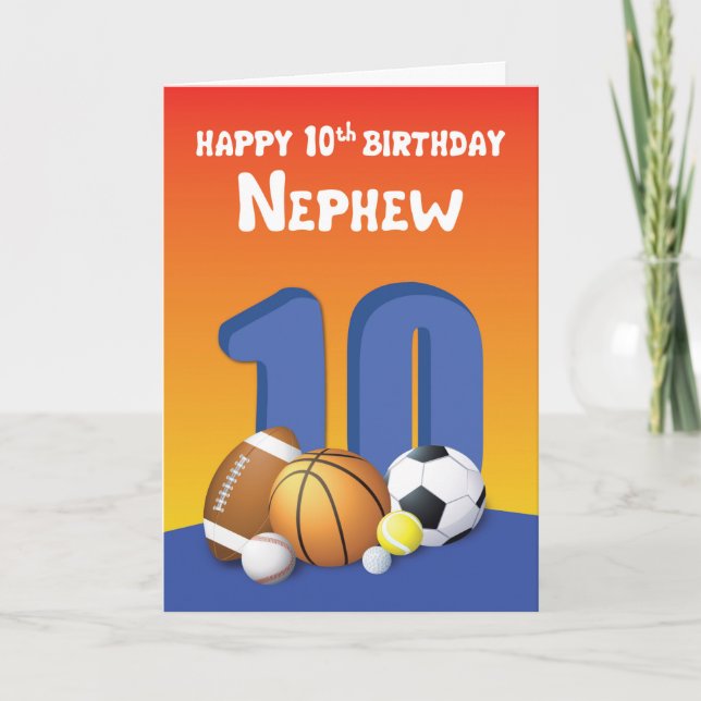 Nephew 10th Birthday Sports Balls Card (Front)
