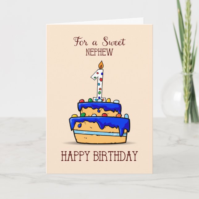 Nephew 1st Birthday, 1 on Sweet Blue Cake Card (Front)