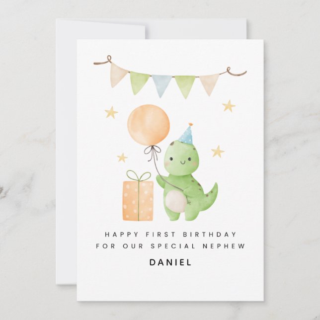 Nephew 1st Birthday Card Cute Watercolor Dinosaur (Front)