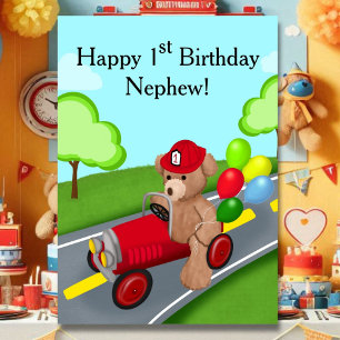 Nephew 1st Birthday Teddy Bear Firetruck Card