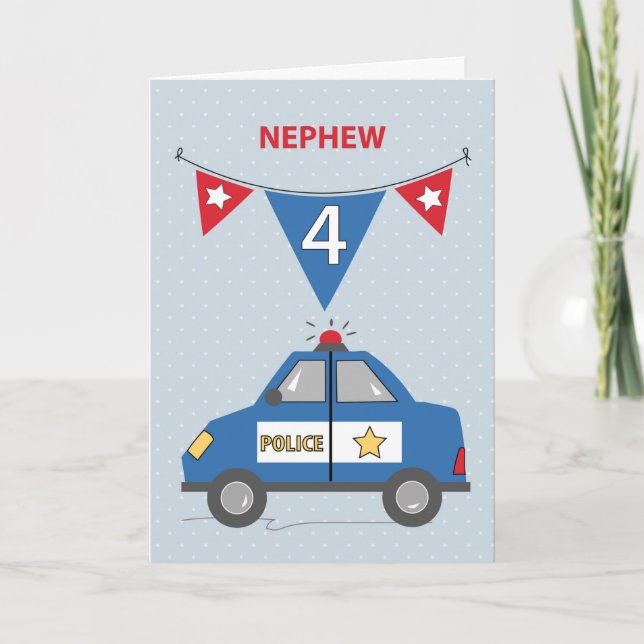 Nephew 4th Birthday Blue Police Car Card (Front)