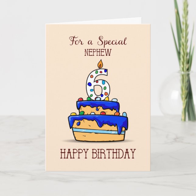 Nephew 6th Birthday, 6 on Sweet Blue Cake Card (Front)