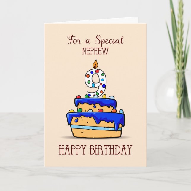 Nephew 9th Birthday, 9 on Sweet Blue Cake Card (Front)