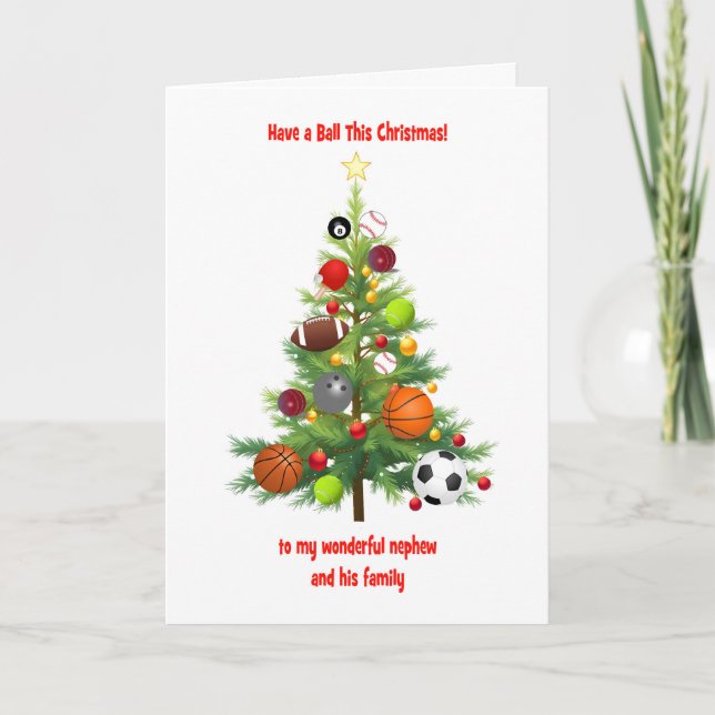 Nephew and Family Christmas Tree Decorated Balls Holiday Card (Front)