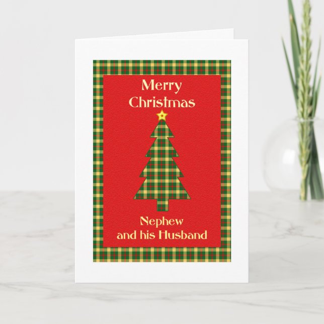 Nephew and his Husband Tartan Christmas Tree Holiday Card (Front)