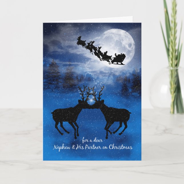 Nephew and His Partner Kissing Reindeer Christmas Holiday Card (Front)