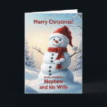 Nephew and his Wife Christmas Snowman  Holiday Card<br><div class="desc">A festive winter scene showing a cheerful snowman in a red hat and scarf. Wish your nephew and his wife a merry Christmas with a lovely snowman card.</div>