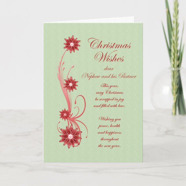 Nephew and Partner Christmas Scrolls and Flowers Holiday Card (Front)