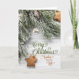 Nephew and Wife Christmas Snowy Pine and Stars Holiday Card