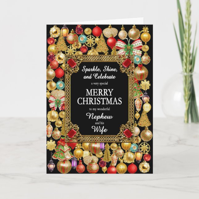 Nephew and Wife Merry Christmas with Ornaments Holiday Card (Front)