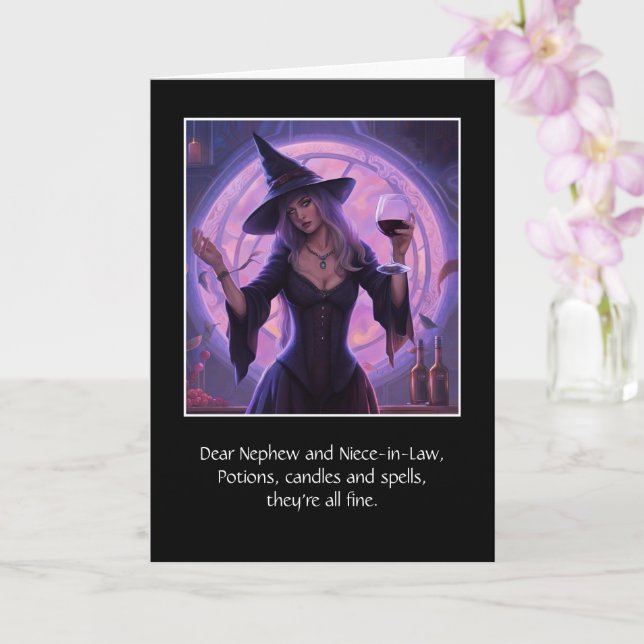 Nephew and Wife Niece in Law Funny Halloween Witch Card (Orchid)