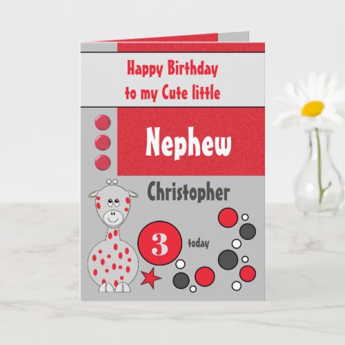 Nephew any age giraffe red and grey birthday card