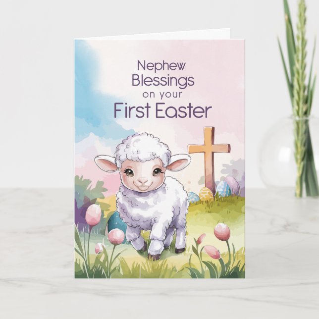 Nephew Baby’s First Easter Religious Lamb Cross Card (Front)